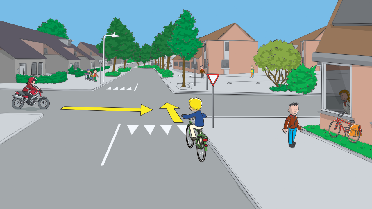 Ongelijkwaardig kruispunt - Motor komt van links, fiets heeft haaientanden